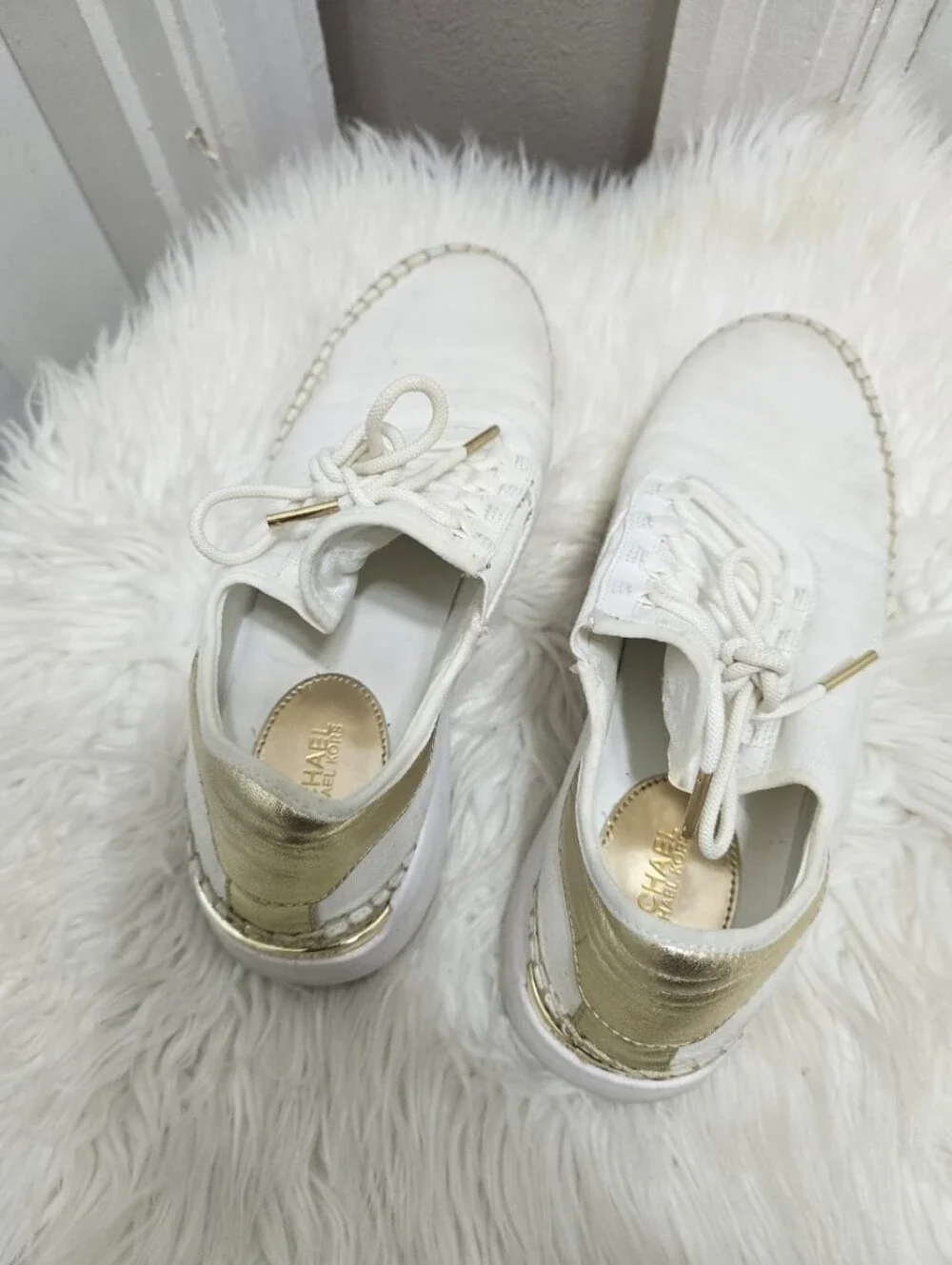 Michael Kors Finch Lace Up Canvas Sneakers White & Rose Gold Espadrille Sz 8M